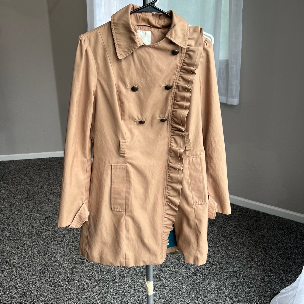 Anthropologie Elevenses Beige Ruffle Trench Coat - Picture 2 of 12